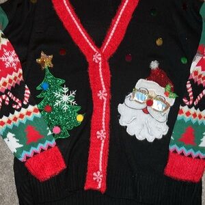 Festive Black Christmas Cardigan with Santa and Tree